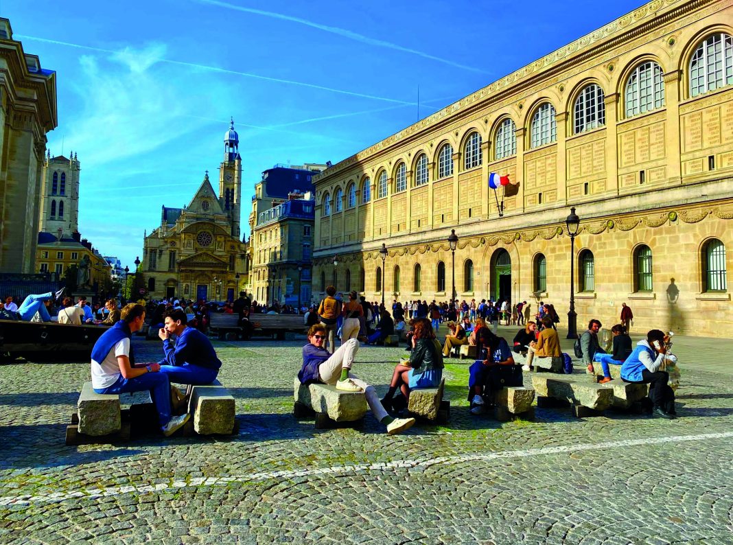 Paris, France - October 2022: Students outside Saint Genevieve Library in Paris