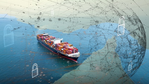 Container,Ship,With,Digital,Security,Lock,And,Network,Overlay.concept,Of Ormuz et la logistique